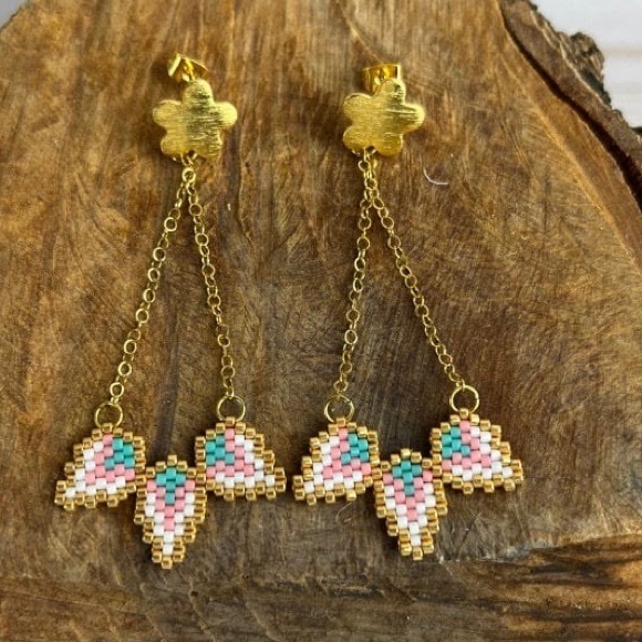 Delicate Gold Floral Dangle Earrings - Cute Beaded Flower Earrings - Picture 3 of 13